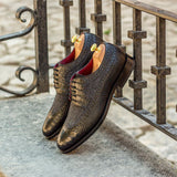 DapperFam Zephyr in Black / Dark Grey Men's Italian Croco Embossed Leather & Flannel Longwing Blucher