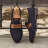 DapperFam Luciano in Navy / Med Brown Men's Flannel & Italian Leather Loafer — Style 3073