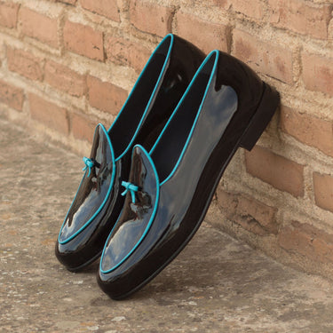 DapperFam Marcello in Turquoise / Black Men's Italian Patent Leather Belgian Slipper in #color_