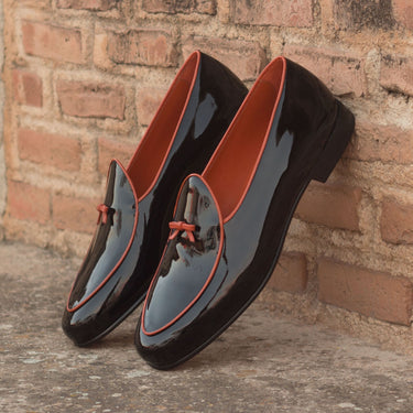 DapperFam Marcello in Black Men's Italian Patent Leather Belgian Slipper in #color_