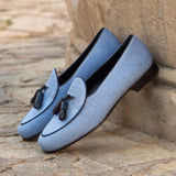 DapperFam Marcello in Blue / Navy Men's Linen & Italian Leather Belgian Slipper