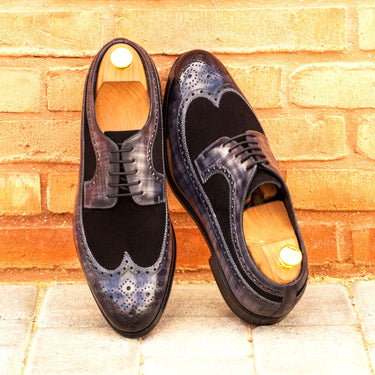 DapperFam Zephyr in Black / Grey Men's Italian Suede & Hand-Painted Patina Longwing Blucher