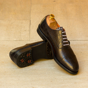 DapperFam Rafael Golf in Black / Houndstooth Men's Italian Croco Embossed Leather & Sartorial Oxford in #color_
