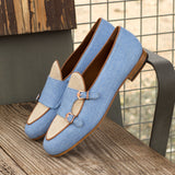 DapperFam Rialto in Blue / Ice / Med Brown Men's Linen & Italian Leather Monk Slipper