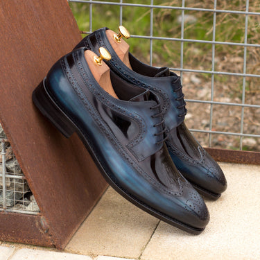 DapperFam Zephyr in Black / Denim Men's Italian Patent Leather & Hand-Painted Patina Longwing Blucher in #color_