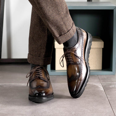 DapperFam Zephyr in Brown Men's Hand-Painted Patina Longwing Blucher in #color_