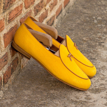 DapperFam Marcello in Mustard / Cognac Men's Linen & Italian Leather Belgian Slipper