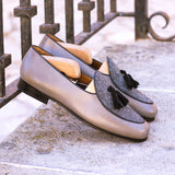 DapperFam Marcello in Herringbone / Grey / Black Men's Sartorial & Italian Leather & Suede Belgian Slipper