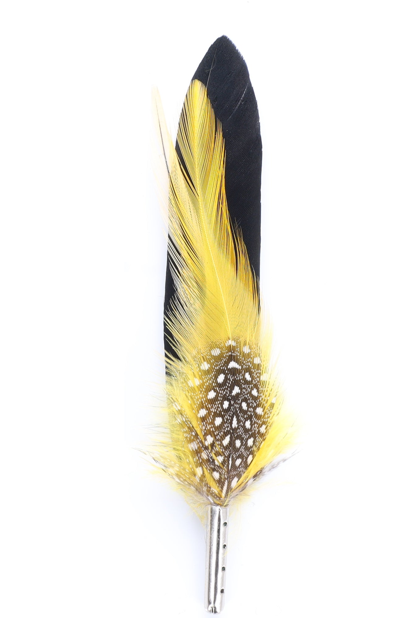DapperFam Black & Yellow 4 in Guinea & Poultry Hat Feather Silver Tip