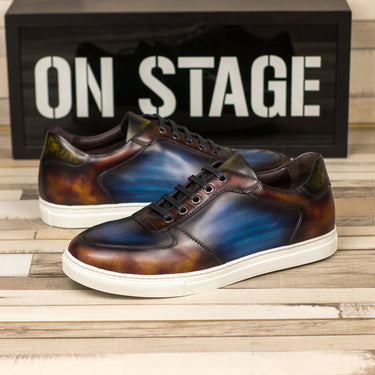 DapperFam Rivale in Fire / Denim Men's Hand-Painted Italian Leather Trainer in