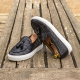 DapperFam King in Black Men's Italian Croco Embossed Leather Belgian Sneaker