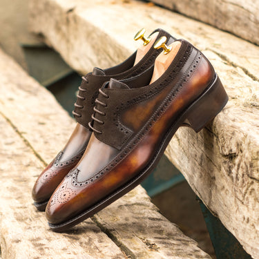 DapperFam Zephyr in Dark Brown / Brown / Fire Men's Lux Suede & Hand-Painted Patina Longwing Blucher in #color_