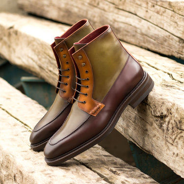 DapperFam Ryker in Burgundy / Olive / Cognac Men's Italian Leather Moc Boot