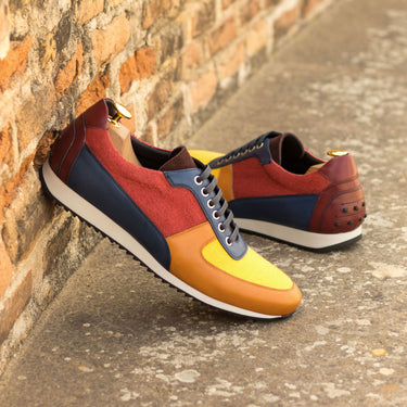 DapperFam Cesare in Mustard / Red / Burgundy Men's Linen & Italian Leather & Lux Suede & Italian Leather Trainer in #color_