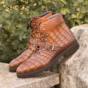 DapperFam Everest in Med Brown Men's Italian Croco Embossed Leather Hiking Boot in #color_