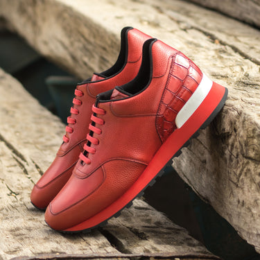 DapperFam Veloce in Red Men's Italian Full Grain Leather & Croco Embossed Leather Jogger in #color_
