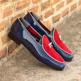 DapperFam Marcello in Cobalt Blue / Red / White Blue Men's Suede & Italian Leather & Italian Patent Leather Belgian Slipper