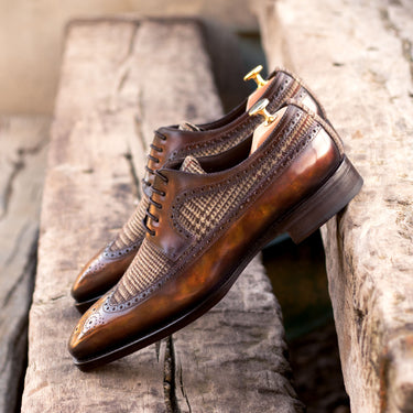 DapperFam Zephyr in Tweed / Fire Men's Sartorial & Hand-Painted Patina Longwing Blucher in #color_