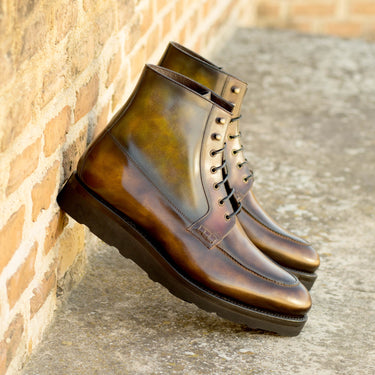 DapperFam Ryker in Dark Brown / Fire / Green / Tobacco Men's Italian Leather & Hand-Painted Patina Moc Boot