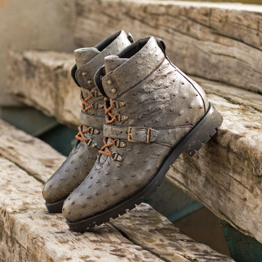 DapperFam Everest in Grey Men's Exotic Ostrich Hiking Boot