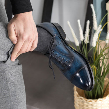 DapperFam Rafael in Denim Men's Hand-Painted Patina Oxford