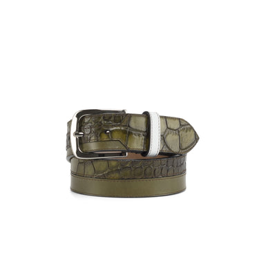 DapperFam Luxe Men's Marseille in Olive / White Italian Leather Belt in #color_