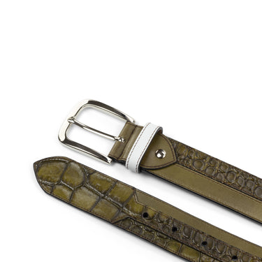 DapperFam Luxe Men's Marseille in Olive / White Italian Leather Belt in #color_