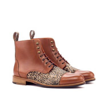 DapperFam Isolde in Leopard / Med Brown Women's Sartorial & Italian Leather Lace Up Captoe Boot in Leopard / Med Brown B - Standard width fit