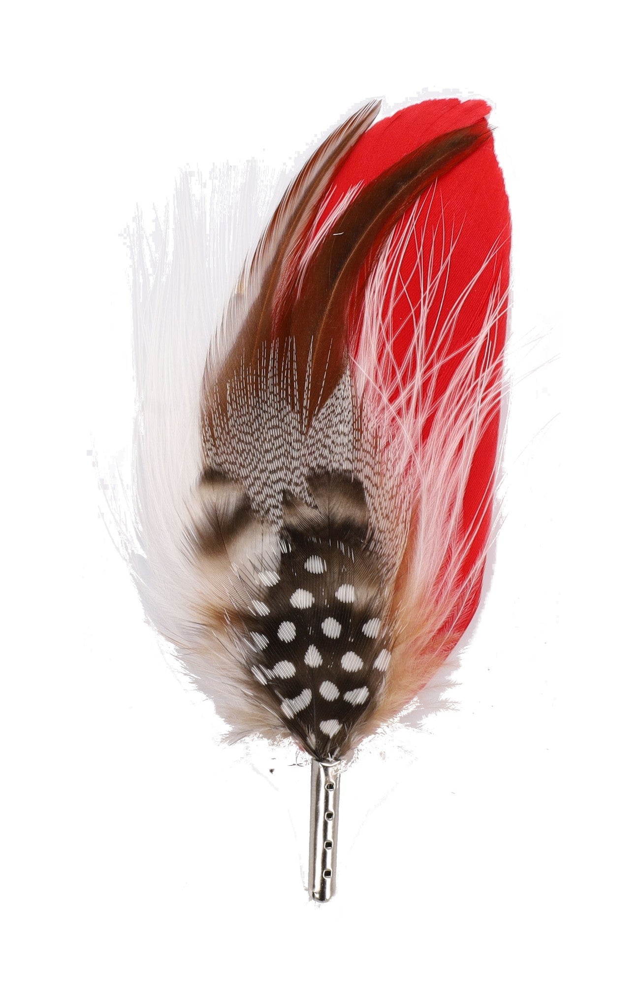 DapperFam Red / Brown / White 5 in Guinea & Poultry Hat Feather in Silver Tip