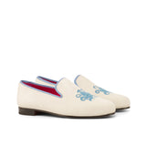 DapperFam Enzo in White / Medium Blue Men's Suede & Grossgrain Slipper in White / Medium Blue