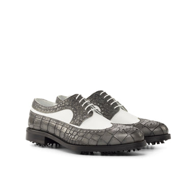 DapperFam Zephyr Golf in Grey / White Men's Italian Croco Embossed Leather Longwing Blucher in Grey / White #color_ Grey / White