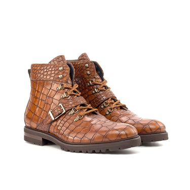 DapperFam Everest in Med Brown Men's Italian Croco Embossed Leather Hiking Boot in Med Brown #color_ Med Brown