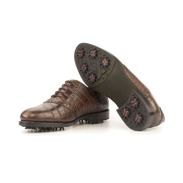 DapperFam Fabrizio Golf in Tweed / Dark Brown Men's Sartorial & Italian Croco Embossed Leather Saddle in #color_