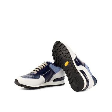 DapperFam Veloce in White / Navy / Cobalt Blue Men's Linen & Patent Leather & Embossed Leather Jogger in #color_