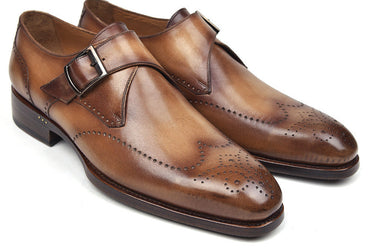 Paul Parkman Men's Wingtip Single Monkstraps in Brown & Camel