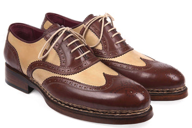 Paul Parkman Men's Triple Leather Sole Wingtip Brogues in Beige & Brown