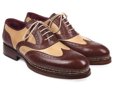 Paul Parkman Men's Triple Leather Sole Wingtip Brogues in Beige & Brown