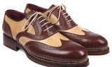 Paul Parkman Men's Triple Leather Sole Wingtip Brogues in Beige & Brown