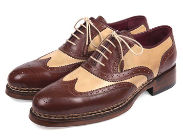 Paul Parkman Men's Triple Leather Sole Wingtip Brogues in Beige & Brown