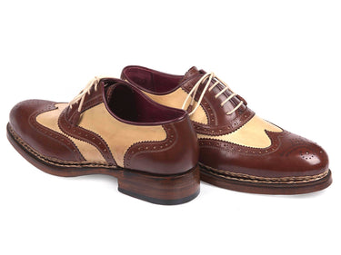 Paul Parkman Men's Triple Leather Sole Wingtip Brogues in Beige & Brown