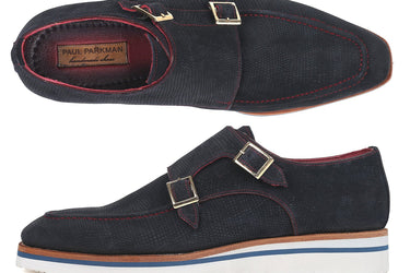 Paul Parkman Men's Smart Casual Monkstrap Suede Shoes in Navy