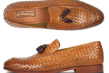 Paul Parkman Woven Leather Tassel Loafers in Camel