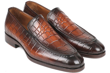 Paul Parkman Men's Croco-Embossed Calfskin Loafers in Brown Burnished