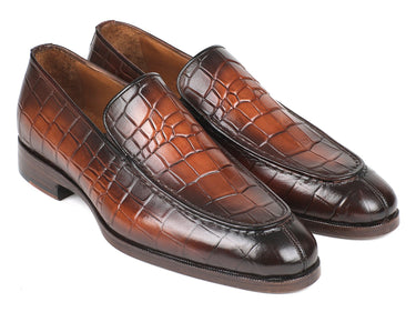 Paul Parkman Men's Croco-Embossed Calfskin Loafers in Brown Burnished