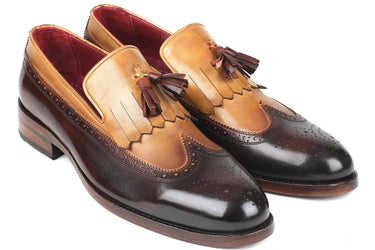 Paul Parkman Kiltie Tassel Loafers in Beige & Brown