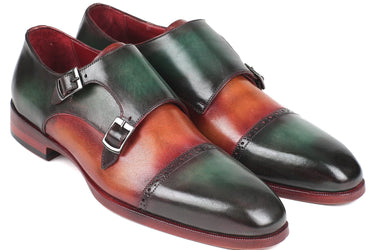 Paul Parkman Captoe Double Monkstraps in Green & Camel