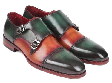 Paul Parkman Captoe Double Monkstraps in Green & Camel