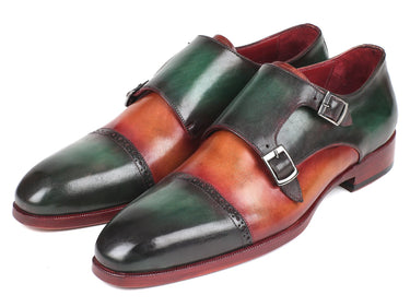 Paul Parkman Captoe Double Monkstraps in Green & Camel