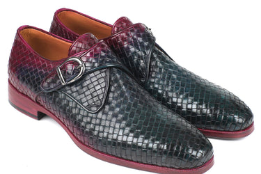 Paul Parkman Men's Woven Leather Single Monkstraps in Purple & Green