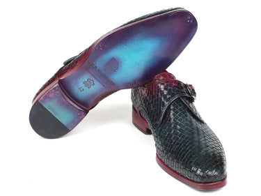 Paul Parkman Men's Woven Leather Single Monkstraps in Purple & Green